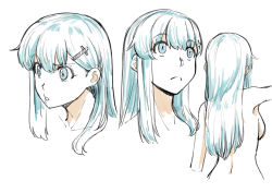 Rule 34 | 1girl, blue eyes, blue hair, blue theme, breasts, closed mouth, commentary request, expressions, hair ornament, hairclip, ishii hisao, kantai collection, long hair, medium breasts, monochrome, multiple views, nude, simple background, sketch, suzuya (kancolle), white background, wide-eyed