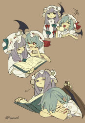 Rule 34 | +++, 2girls, arm pillow, bat wings, blue bow, blue hair, blunt bangs, bob cut, book, bow, brown background, closed eyes, crescent, crescent hat ornament, cropped shoulders, cropped torso, crossed arms, cup, dee (tannsumi), dress, expressionless, fang, flapping, from above, hair bow, hand on own chin, hat, hat bow, hat ornament, hat ribbon, highres, holding, holding book, holding cup, laughing, light smile, looking at another, looking at object, low-tied sidelocks, mob cap, multiple girls, multiple hair bows, multiple views, open book, open mouth, patchouli knowledge, pentagram, puff of air, puffy short sleeves, puffy sleeves, purple eyes, purple hair, red bow, red nails, red ribbon, remilia scarlet, ribbon, shirt, short hair, short sleeves, sideways glance, simple background, sleeping, teeth, touhou, twitter username, upper teeth only, white dress, white headwear, white shirt, wings