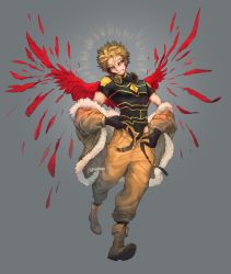 Rule 34 | 1boy, artist name, belt, black gloves, black leotard, black socks, blonde hair, boku no hero academia, boots, brown footwear, brown jacket, brown pants, clenched teeth, commentary, cradling phone, dressing, earrings, english commentary, facial hair, feathered wings, feathers, full body, fur-trimmed jacket, fur trim, gloves, groin, hawks (boku no hero academia), headphones, headphones around neck, highres, jacket, jacket partially removed, jewelry, leotard, leotard under clothes, male focus, mole, mole under eye, open belt, open fly, pants, red wings, shoe soles, short hair, short sleeves, socks, solo, spindahs, stubble, teeth, wings, yellow eyes