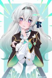 Rule 34 | 1girl, aqua hair, blue bow, blush, bow, bridal gauntlets, commentary request, firefly (honkai: star rail), gradient hair, grey hair, grey hairband, hair bow, hairband, hand up, head tilt, highres, honkai: star rail, honkai (series), jacket, long hair, long sleeves, looking at viewer, multicolored hair, partial commentary, purple eyes, solo, upper body, very long hair, white jacket, yuuyu (moco20111115)