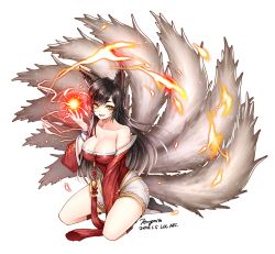 Rule 34 | 1girl, ahri (league of legends), animal ears, black hair, breasts, cleavage, detached sleeves, dress, fire, fox ears, fox tail, jeongmito, korean clothes, large breasts, league of legends, long hair, long sleeves, looking at viewer, multiple tails, open mouth, smile, solo, tail, white background, yellow eyes