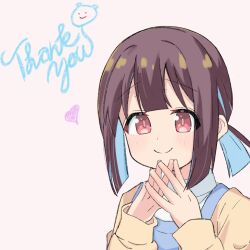Rule 34 | 1girl, blue hair, blunt bangs, brown eyes, brown hair, commentary, grey background, hana houshou, heart, highres, hozuki momiji, looking at viewer, multicolored hair, onii-chan wa oshimai!, short hair, short ponytail, simple background, smile, solo, steepled fingers, thank you, two-tone hair