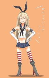 Rule 34 | 10s, 1girl, animal ears, bad id, bad twitter id, blonde hair, boots, closed eyes, commentary request, elbow gloves, fake animal ears, gloves, grey footwear, grin, hands on own hips, high heels, kantai collection, kitsuneno denpachi, legs apart, long hair, microskirt, orange background, rabbit ears, sailor collar, sailor shirt, school uniform, serafuku, shimakaze (kancolle), shirt, sketch, skirt, smile, solo, striped clothes, striped thighhighs, thighhighs, translation request