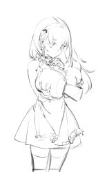 Rule 34 | 1girl, azur lane, between breasts, breast hold, breasts, cleavage, cleavage cutout, clothing cutout, detached arm, dress, grabbing own breast, headdress, highres, jewelry, large breasts, looking down, monochrome, necklace, olys, simple background, sirius (azur lane), sketch, solo focus, thighhighs, white background