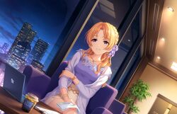 Rule 34 | 1girl, artist request, blonde hair, bracelet, building, computer, cup, disposable cup, game cg, hair ribbon, idolmaster, idolmaster cinderella girls, indoors, jacket, jewelry, kiryu tsukasa (idolmaster), laptop, light smile, long hair, looking at viewer, official art, plant, potted plant, purple eyes, purple jacket, purple ribbon, purple shirt, ribbon, shirt, sitting, skirt, skyline, skyscraper, solo, watch, white skirt, window, wristwatch