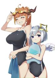 Rule 34 | 2girls, ^ ^, absurdres, adjusting eyewear, ahoge, amane kanata, anzai growth, black one-piece swimsuit, blunt bangs, bob cut, bodyboard, breast envy, breasts, closed eyes, competition school swimsuit, covered navel, flat chest, from side, goggles, grey eyes, grey hair, hair intakes, highres, hololive, horns, kiryu coco, large breasts, looking at viewer, mini wings, multiple girls, one-piece swimsuit, orange hair, parted bangs, pointy ears, ponytail, pout, school swimsuit, shuriken, side-by-side, simple background, single hair intake, smile, swimsuit, thighs, virtual youtuber, weapon, white background, wings