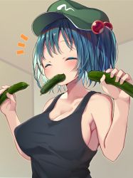 Rule 34 | 1girl, absurdres, armpit peek, black tank top, blue hair, breasts, closed eyes, collarbone, colored eyelashes, commentary request, covered erect nipples, cucumber, flat cap, food, food in mouth, green hat, hair between eyes, hair bobbles, hair ornament, hat, highres, holding, holding food, kawashiro nitori, large breasts, looking at viewer, mamemochi, notice lines, pickle, sexually suggestive, short hair, short twintails, sideboob, sidelocks, sleeveless, solo, tank top, touhou, twintails, upper body
