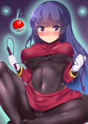 Rule 34 | 1girl, black bodysuit, blunt bangs, bodysuit, breasts, cameltoe, closed mouth, covered erect nipples, covered navel, creatures (company), crop top, crop top overhang, deep skin, expressionless, eyebrows, floating, floating object, game freak, gloves, gym leader, highres, hime cut, hitotsuki nebura, holding, holding weapon, large breasts, leg up, long hair, long sleeves, looking at viewer, microskirt, nintendo, pink eyes, pokemon, pokemon rgby, purple hair, red skirt, sabrina (pokemon), sitting, skin tight, skirt, solo, spread legs, upskirt, very long hair, weapon, whip, white gloves