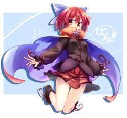 Rule 34 | 1girl, black footwear, black shirt, blue background, blue bow, bow, cape, full body, hair bow, high collar, isu (is88), long sleeves, looking at viewer, open mouth, purple cape, red cape, red eyes, red hair, red skirt, sekibanki, shirt, shoes, short hair, skirt, smile, solo, touhou, two-sided cape, two-sided fabric