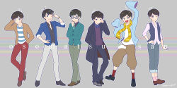 Rule 34 | 10s, 6+boys, :d, ;3, black eyes, black hair, brothers, cardigan, coat, copyright name, flat color, full body, glasses, grin, hand in pocket, male focus, matsuno choromatsu, matsuno ichimatsu, matsuno jyushimatsu, matsuno karamatsu, matsuno osomatsu, matsuno todomatsu, multiple boys, necktie, nightcat, one eye closed, open mouth, osomatsu-kun, osomatsu-san, scarf, sextuplets, siblings, sleeves past wrists, smile
