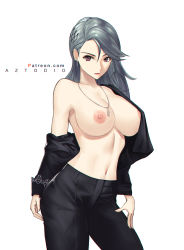 Rule 34 | 1girl, aztodio, bare shoulders, black pants, unworn blazer, brown eyes, commentary, cowboy shot, earrings, english commentary, hand on own thigh, highres, jewelry, long hair, looking at viewer, navel, necklace, niijima sae, off shoulder, pants, persona, persona 5, pink lips, silver hair, stomach, unworn sweater