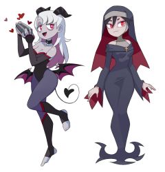 Rule 34 | 2girls, :3, :d, bags under eyes, black choker, black gloves, black hair, breasts, choker, cleavage, cocktail shaker, colored inner hair, demon horns, demon tail, demon wings, dress, elbow gloves, fang, gloves, grey dress, grey pantyhose, heart, heart pendant, highres, horns, long dress, long sleeves, looking at viewer, lovesick succubus (sui (suizilla)), low wings, medium breasts, multicolored hair, multiple girls, nun, off-shoulder dress, off shoulder, open mouth, original, pantyhose, pink hair, red eyes, simple background, smile, standing, standing on one leg, stirrup legwear, sui (suizilla), tail, toeless legwear, vampire, veil, white background, white hair, wings