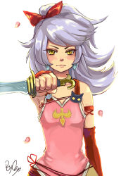 Rule 34 | 1girl, adelle (fft), artist name, bare shoulders, detached sleeves, earrings, final fantasy, final fantasy tactics a2, final fantasy tactics advance, highres, jewelry, knife, long hair, petals, ponytail, reverse grip, ribbon, satans-s, signature, silver hair, solo, yellow eyes