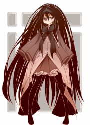 Rule 34 | 10s, 1girl, akemi homura, alternate hairstyle, black eyes, black hair, expressionless, frills, hairband, long hair, magical girl, mahou shoujo madoka magica, mahou shoujo madoka magica (anime), pantyhose, pigeon-toed, ribbon, shigurio, sleeves past wrists, solo, standing, very long hair