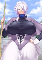 Rule 34 | 1girl, breasts, broom, cloud, cloudy sky, day, covered erect nipples, hair over one eye, hakai shin, hand on own hip, huge breasts, long hair, looking at viewer, parted lips, purple hair, red eyes, sky, solo, thick thighs, thighs