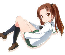Rule 34 | 10s, 1girl, black neckerchief, black ribbon, black socks, blouse, brown eyes, brown footwear, brown hair, from side, full body, girls und panzer, green skirt, hair ribbon, kadotani anzu, loafers, long hair, long sleeves, looking at viewer, looking back, lying, miniskirt, neckerchief, on back, ooarai school uniform, parted bangs, parted lips, pleated skirt, ribbon, school uniform, serafuku, shirt, shoes, simple background, skirt, socks, solo, twintails, umekichi, white background, white shirt