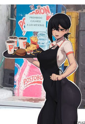 Rule 34 | 1girl, apron, ass, black eyes, black hair, breasts, burger, chainsaw man, cup, food, french fries, higashiyama kobeni, highres, ketchup, large breasts, medium breasts, mole, mole under eye, mole under mouth, open mouth, solo, spanish text, stopu, sweatdrop, thighs, tray