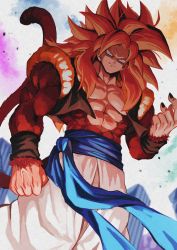 Rule 34 | 1boy, abs, bare pectorals, biceps, body fur, brown fur, dragon ball, dragon ball gt, fusion dance, glowing, gogeta, highres, looking down, male focus, metamoran vest, monkey boy, monkey tail, muscular, no nipples, pants, pectorals, red hair, relio db318, solo, spiked hair, super saiyan, super saiyan 4, tail, veins, veiny hands, white pants