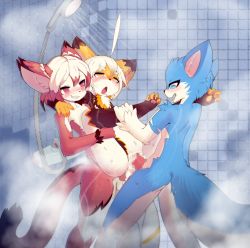 Rule 34 | 1girl, 2boys, ahoge, animal ears, animal nose, blue eyes, blue fur, blush, body fur, censored, chinese commentary, commentary request, costom10, cum, cum in pussy, digitigrade, double penetration, fox, fox ears, fox girl, fox tail, furry, furry female, furry male, furry with furry, group sex, highres, medium hair, mmf threesome, mosaic censoring, multiple boys, orange fur, original, pawpads, penis, red eyes, red fur, sex, short hair, shower head, smirk, snout, standing, steam, sweat, tail, threesome, two-tone fur, white fur, yellow eyes