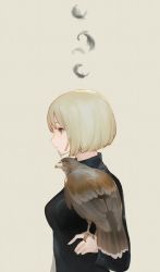 Rule 34 | 1girl, bird, bird on hand, black sweater, blonde hair, breasts, closed mouth, commentary request, copyright request, eagle, feathers, from side, green eyes, grey background, km yama, long sleeves, medium breasts, profile, short hair, simple background, solo, sweater, upper body