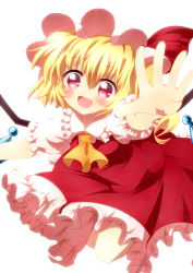 Rule 34 | 1girl, ascot, blonde hair, blush, fangs, female focus, flandre scarlet, haiiro (immature), hat, hat ribbon, open mouth, outstretched arm, outstretched hand, red eyes, ribbon, short hair, side ponytail, simple background, skirt, skirt set, solo, touhou, white background, wings