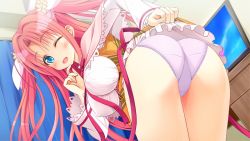 Rule 34 | 1girl, asanoha, ass, bent over, blue eyes, breasts, clothes lift, covered erect nipples, from behind, game cg, hoshikawa aine, katakoi visionary, large breasts, legs, long hair, looking back, one eye closed, ooizumi daisaku, open mouth, panties, pink hair, skirt, skirt lift, smile, solo, thighs, twintails, underwear, wink