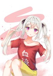 Rule 34 | 10s, 1girl, alternate costume, alternate hairstyle, blush, clothes writing, collarbone, highres, long hair, looking at viewer, parted lips, pink eyes, red shirt, shirt, silver hair, sitting, solo, sophie twilight, star (symbol), tonari no kyuuketsuki-san, twintails, white background, xiguaa mocha