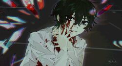 Rule 34 | 1boy, blood, blood on clothes, blood on face, coat, crystal wings, e.g.o (project moon), highres, lab coat, limbus company, looking at viewer, meijiichigo, open mouth, perfect blue, project moon, sang yi (project moon), scene reference, smile, solo, white coat