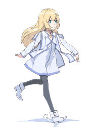Rule 34 | 1girl, akinbo (hyouka fuyou), blonde hair, blue eyes, choker, closed mouth, colette brunel, dress, full body, highres, jewelry, long hair, pantyhose, simple background, skirt, smile, solo, tales of (series), tales of symphonia, walking, white background