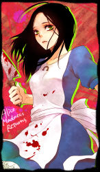 Rule 34 | 1girl, alice: madness returns, alice (alice in wonderland), alice liddell (american mcgee&#039;s alice), american mcgee&#039;s alice, apron, black hair, blood, breasts, card, closed mouth, dress, highres, jewelry, jupiter symbol, knife, long hair, looking at viewer, necklace, solo