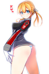 Rule 34 | 10s, 1girl, ass, blonde hair, blue eyes, cross, gloves, hair ornament, iron cross, kantai collection, looking at viewer, no pants, panties, prinz eugen (kancolle), smirk, solo, striped clothes, striped panties, tenken (gotannda), twintails, underwear, white gloves
