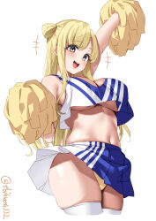 Rule 34 | 1girl, :d, alternate costume, blonde hair, blush, breasts, cheering, cheerleader, cleavage, cowboy shot, crop top, crop top overhang, cropped legs, double bun, ebifurya, fletcher (kancolle), hair bun, highres, holding, holding pom poms, kantai collection, large breasts, long hair, looking at viewer, midriff, miniskirt, navel, one-hour drawing challenge, open mouth, panties, pleated skirt, pom pom (cheerleading), pom poms, shirt, simple background, skindentation, skirt, sleeveless, sleeveless shirt, smile, solo, stomach, striped clothes, striped shirt, thighhighs, twitter username, underboob, underwear, white background, yellow eyes, yellow panties