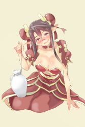 Rule 34 | 1girl, black hair, blush, bottle, breasts, cleavage, double bun, drooling, drunk, female focus, glasses, head tilt, highres, large breasts, looking at viewer, meimei (p&amp;d), meimei (summon night), oi ke, open mouth, pointy ears, purple eyes, sake bottle, sitting, solo, summon night