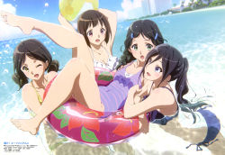 Rule 34 | 10s, 4girls, :d, :o, ;d, absurdres, alternate hairstyle, arms up, ass, ball, barefoot, beach, beachball, bikini, black hair, blush, bow, braid, breasts, brown eyes, brown hair, casual one-piece swimsuit, chromatic aberration, cleavage, cloud, covered navel, crossed arms, day, feet, green eyes, hair ornament, hairclip, hibike! euphonium, highres, ikeda shouko, innertube, leg up, looking at another, medium breasts, mole, mole under eye, multiple girls, nakaseko kaori, no eyewear, official art, ogasawara haruka, one-piece swimsuit, one eye closed, open mouth, outdoors, ponytail, purple bikini, purple bow, purple one-piece swimsuit, saitou aoi, scan, short hair, side-tie bikini bottom, sky, small breasts, smile, striped clothes, striped one-piece swimsuit, swim ring, swimsuit, tanaka asuka, toes, twintails, water, wet