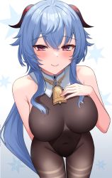 1girl ahoge bare_shoulders bell black_leotard blue_hair blush breasts brown_pantyhose closed_mouth covered_navel curled_horns detached_collar ganyu_(genshin_impact) genshin_impact goat_horns groin hand_on_own_chest highres horns jewelry large_breasts leotard long_hair looking_at_viewer mikoto_paint neck_bell pantyhose smile solo thighlet very_long_hair wavy_hair