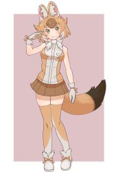 Rule 34 | 1girl, animal ear fluff, animal ears, arm up, bare shoulders, blush, boots, brown eyes, brown hair, brown thighhighs, dhole (kemono friends), dog ears, dog girl, dog tail, full body, fur collar, fur trim, gloves, highres, kemono friends, knees together feet apart, looking at viewer, multicolored hair, ookii yama, shirt, short hair, skirt, sleeveless, smile, solo, standing, tail, thighhighs, two-tone hair, white hair, zettai ryouiki