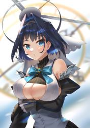 Rule 34 | 1girl, bow, bow earrings, breasts, chain, chain headband, clock hands, clothing cutout, earrings, hair intakes, head chain, highres, holocouncil, hololive, hololive english, in-san, jewelry, ouro kronii, ouro kronii (1st costume), ribbon earrings, solo, underboob cutout, virtual youtuber