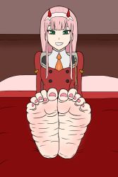 Rule 34 | 1girl, barefoot, darling in the franxx, feet, foot focus, happy, highres, horns, leaning forward, nail polish, pink nails, sitting, smile, soles, spread legs, toe scrunch, toenail polish, toenails, toes, zero two (darling in the franxx)