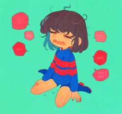 Rule 34 | 1girl, aqua background, blue footwear, blue shirt, blue shorts, boots, brown hair, closed eyes, crying, frisk (undertale), long sleeves, m legs, open mouth, runny nose, shirt, short hair, shorts, simple background, sitting, snot, soseji (tjduswjd), speech bubble, striped clothes, striped shirt, undertale