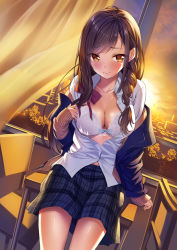 Rule 34 | 1girl, arm at side, arm support, backlighting, bad id, bad pixiv id, blazer, blue jacket, blue skirt, blush, bow, bow bra, bowtie, bra, braid, breasts, brown hair, building, buttons, cardigan, chair, city, classroom, cleavage, cloud, cloudy sky, collarbone, collared shirt, come hither, cowboy shot, curtains, desk, dress shirt, glass, hair tie, heirou, indoors, jacket, lace, lace-trimmed bra, lace trim, long hair, long sleeves, medium breasts, miniskirt, nervous smile, off shoulder, on desk, open clothes, open jacket, original, partially unbuttoned, partially undressed, plaid, plaid skirt, plant, red bow, red bowtie, school, school desk, school uniform, shirt, sitting, skirt, sky, sleeves past wrists, smile, solo, sun, sunset, swept bangs, thighs, twilight, underwear, white bra, white shirt, wind, window