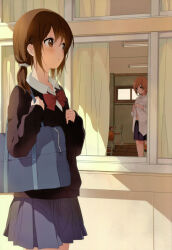 Rule 34 | 2girls, bag, bow, bowtie, brown eyes, brown hair, chair, collar, copyright request, curtains, hair ornament, highres, long sleeves, looking at another, looking to the side, miniskirt, multiple girls, namori, navel, pleated skirt, school, school bag, school uniform, short hair, short twintails, skirt, twintails, undressing, window