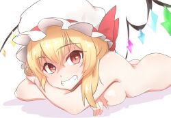 Rule 34 | 1girl, ass, blonde hair, bow, breast press, breasts, commentary request, completely nude, crossed arms, crystal wings, double-parted bangs, flandre scarlet, grin, hat, hat bow, hat ribbon, head rest, large breasts, looking at viewer, lying, mob cap, nude, on floor, on stomach, red bow, red eyes, red ribbon, ribbon, shadow, short hair, side ponytail, slit pupils, smile, solo, touhou, vanishingknife, white background, white hat, wings