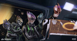 1boy 4others ^_^ alien ben_lo bioware black_bodysuit black_eyes bodysuit closed_eyes commentary concept_art electronic_arts english_commentary expressionless hand_on_another&#039;s_head highres holographic_monitor logo looking_down mass_effect:_andromeda mass_effect_(series) mass_effect_2 mordin_solus multiple_others official_art production_art salarian thinking