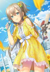 Rule 34 | 1girl, aimori meguru, bad id, bad pixiv id, blue eyes, blue sky, blurry, blurry background, blurry foreground, bow, breasts, cloud, collarbone, commentary request, day, depth of field, diffraction spikes, dress, dutch angle, fence, floral print, flower, green bow, hair between eyes, hair bow, hair flower, hair ornament, hairclip, highres, holding, long hair, long sleeves, looking at viewer, medium breasts, moe2018, original, outdoors, panties, print dress, ramune, revision, see-through, sidelocks, sky, solo, sunflower, sunflower hair ornament, underwear, very long hair, wet, white bow, white panties, windmill, yellow dress, yellow flower