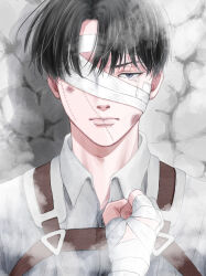 Rule 34 | 1boy, absurdres, artist request, bandage over one eye, black eyes, black hair, chest belt, collared shirt, highres, levi (shingeki no kyojin), looking at viewer, male focus, salute, shingeki no kyojin, shirt, short hair, solo, stitches, straight-on, tears from one eye, upper body