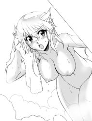 Rule 34 | bath, breasts, greyscale, hanging breasts, inue shinsuke, large breasts, lowres, monochrome, nipples, nude, original, solo, steam, towel