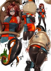 Rule 34 | !?, 1boy, 1girl, absorbing, android 21, ass, bare shoulders, black-framed eyewear, blue eyes, breasts, brown hair, cell (dragon ball), curly hair, detached sleeves, dragon ball, dragon ball fighterz, dragonball z, dress, earrings, from behind, glasses, hoop earrings, ishimiso (ishimura), jewelry, lab coat, large breasts, leg up, long hair, long sleeves, looking at viewer, medium breasts, monster, multiple views, muscular, nail polish, open mouth, pantyhose, red hair, semi-perfect cell, semi-rimless eyewear, simple background, sleeveless, sleeveless dress, sleeves past wrists, smile, speed lines, standing, standing on one leg, sweat, tail, tail vore, under-rim eyewear, vore, white background