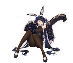 Rule 34 | 1girl, ;q, allen m. sumner (azur lane), allen m. sumner (charming rabbit) (azur lane), animal ears, armpits, arms up, ass, azur lane, bare shoulders, black footwear, black hair, black jacket, black leotard, braid, braided bun, breasts, brown pantyhose, closed mouth, clothing cutout, double bun, fake animal ears, hair bun, highres, jacket, knees up, leotard, long hair, long sleeves, looking at viewer, medium breasts, nagu, off shoulder, official art, on floor, one eye closed, open clothes, open jacket, pantyhose, playboy bunny, rabbit ears, shoes, sitting, smile, solo, tongue, tongue out, transparent background, twintails, underboob cutout, very long hair