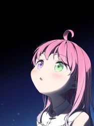 Rule 34 | 1girl, ahoge, blush, close-up, commentary, green eyes, heterochromia, highres, himemori luna, hololive, long hair, looking afar, looking up, meru corone, night, night sky, outdoors, parted lips, pink hair, purple eyes, sky, solo, symbol-only commentary, virtual youtuber