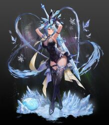 Rule 34 | 1girl, absurdres, alternate costume, animal ears, arm strap, armpits, arms up, bare shoulders, bcfma, black dress, black footwear, black thighhighs, blue hair, boots, breasts, claymore (sword), cleavage, closed mouth, covered navel, crossed legs, dress, eula (genshin impact), fake animal ears, full body, genshin impact, gloves, high heel boots, high heels, highres, ice, large breasts, long hair, looking at viewer, purple eyes, rabbit ears, short dress, sleeveless, sleeveless dress, slime (genshin impact), solo, standing, thigh boots, thighhighs, thighs, vision (genshin impact), watson cross, weapon, weapon on back, white gloves